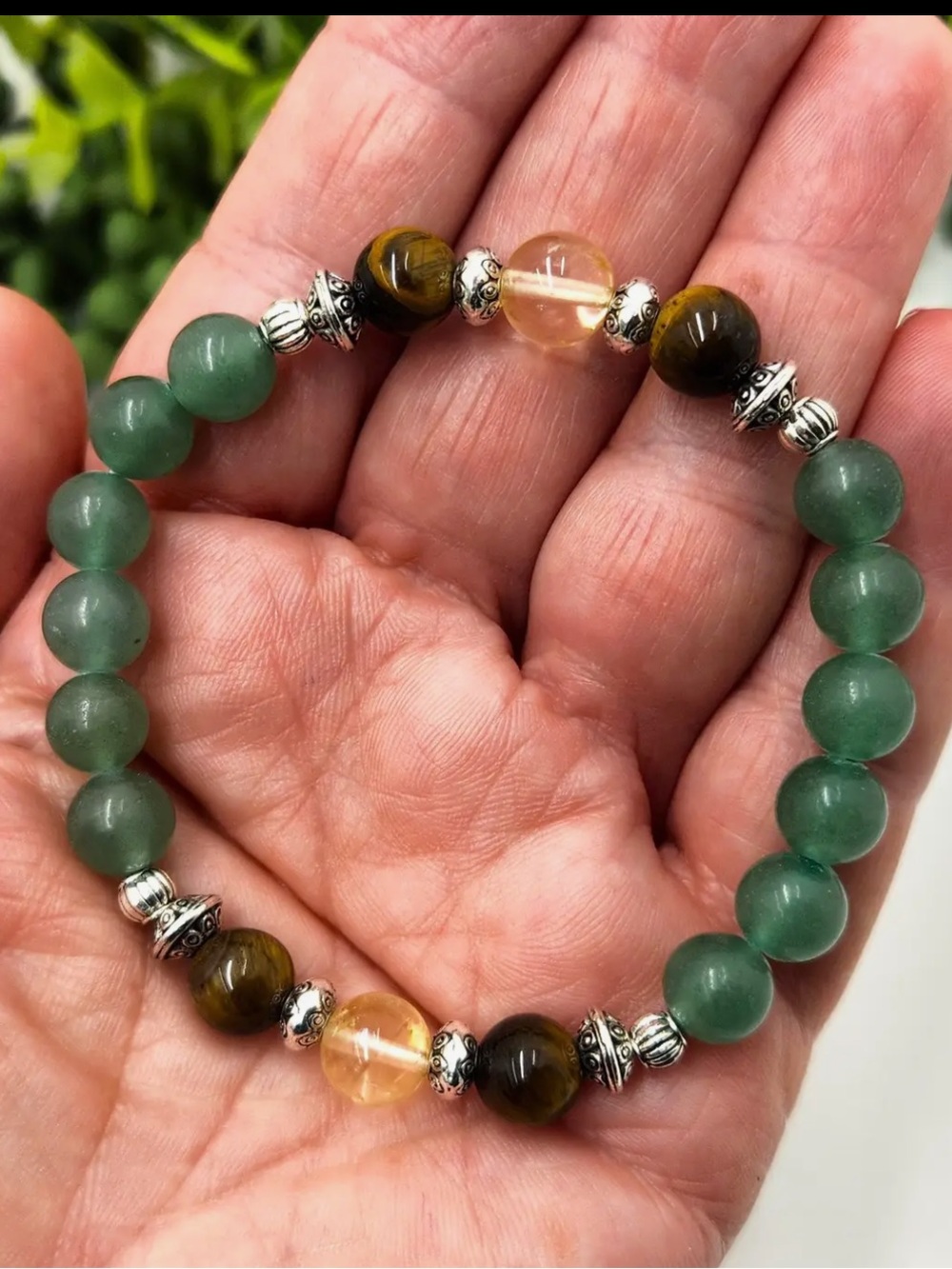 Green Aventurine and Tiger Eye Beaded Bracelet with Citrine Accent